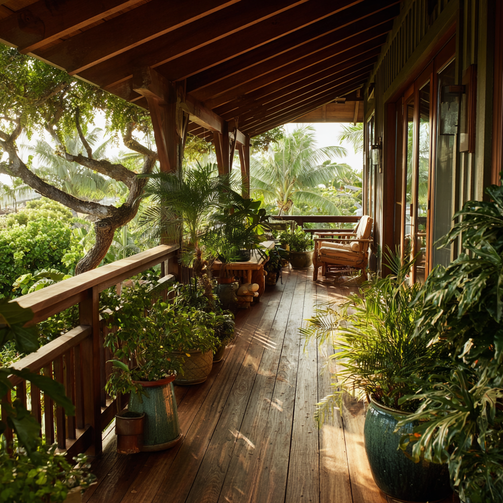 lanai plant design in Kona Lanai garden with tropical plants and potted arrangements in Kona