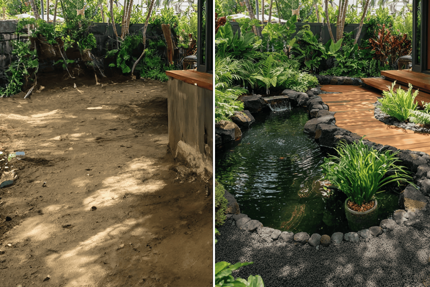 Before and after—tropical garden redesign in Hawaii Side‑by‑side before and after showing dirt yard transformed into a lush tropical backyard design with pond on the Big Island.