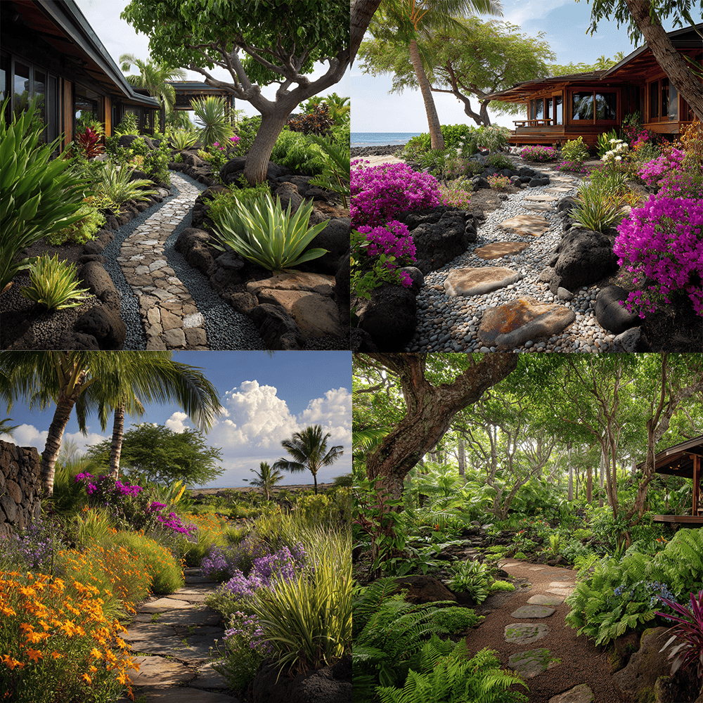 Garden designs in different Big Island climate zones Collage showing gardens in different climate zones on the Big Island of Hawai‘i for custom tropical landscape design