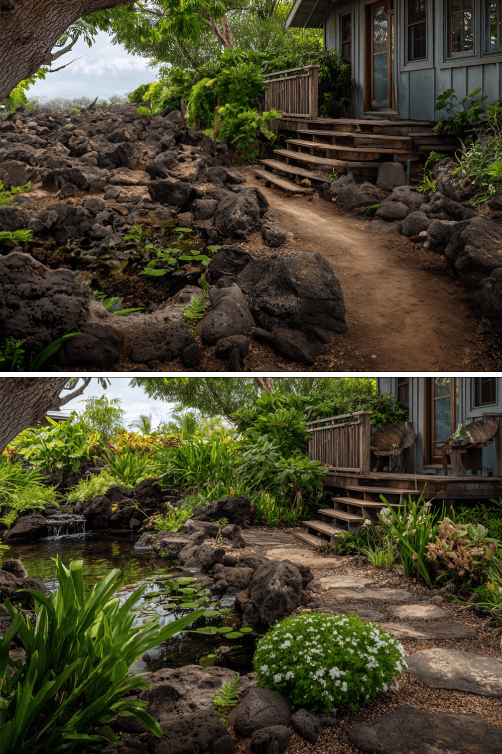 Before and After Garden Design on the Big Island of Hawai‘i Side-by-side before and after photos of a tropical garden transformation on the Big Island of Hawai‘i