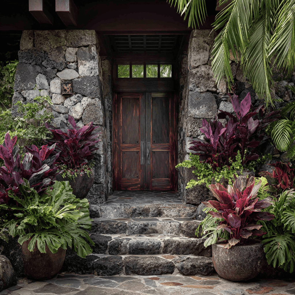 Front door with tropical potted plants in Hawai‘i Front entrance surrounded by lush tropical potted plants in Hawai‘i garden design