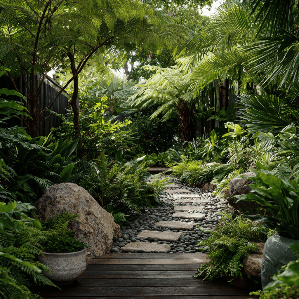 Stone garden path surrounded by tropical plants in Hawai‘i Stone garden path with ferns, palms, and lush tropical plants in a backyard landscape design on the Big Island of Hawai‘i
